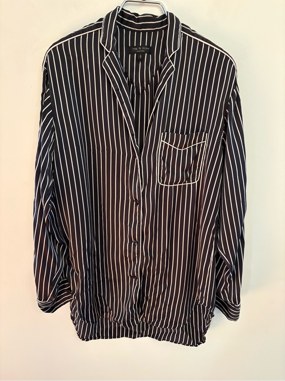 rag & bone Black and White Vertical Stripe Silk Blouse